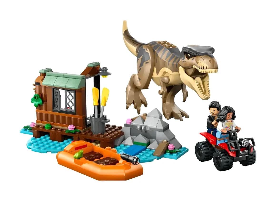 Le T. rex LEGO, son hangar, un bateau et un quad