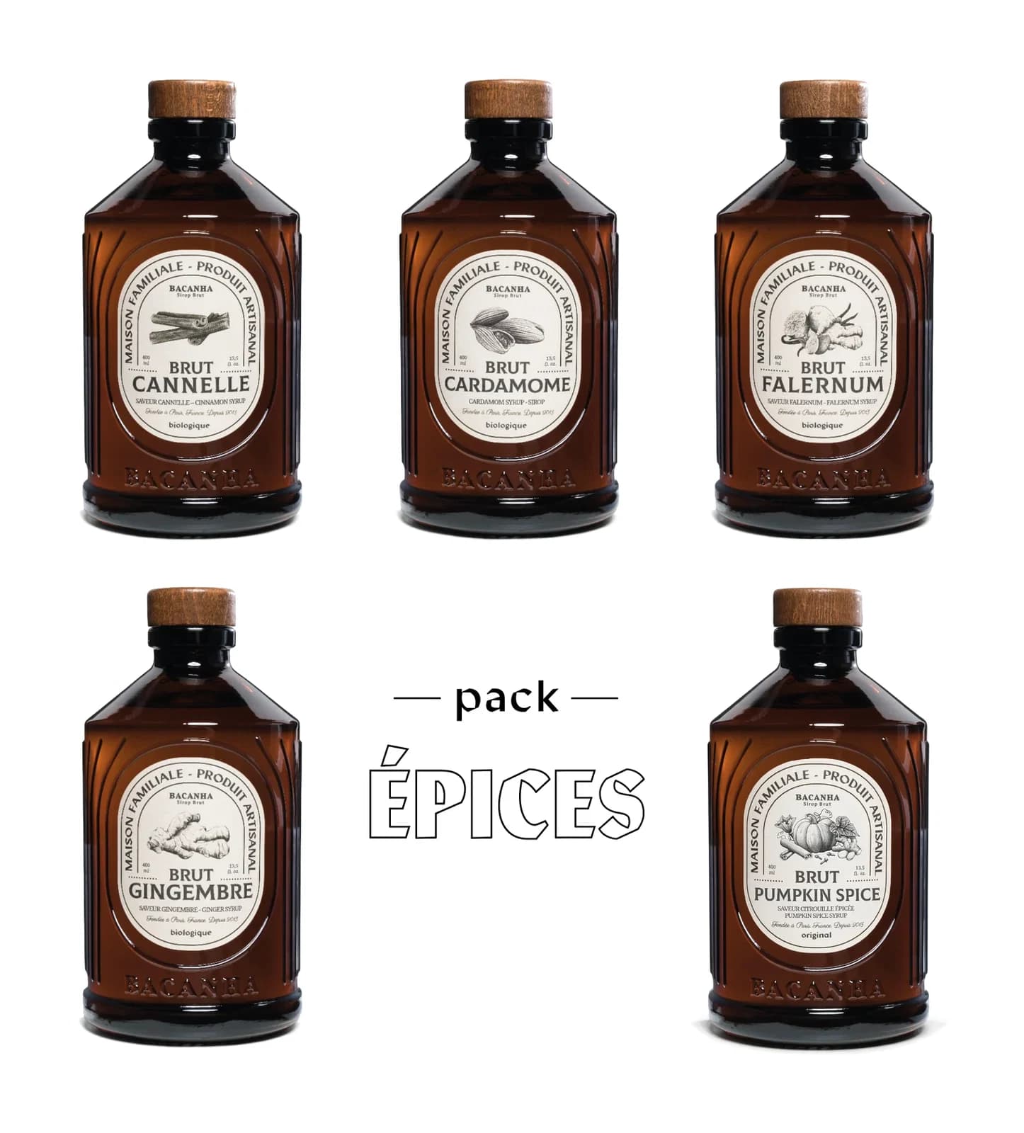 Cardamome, Cannelle, Gingembre, Falernum, Pumpkin Spice 5 x 400ml - Biologique